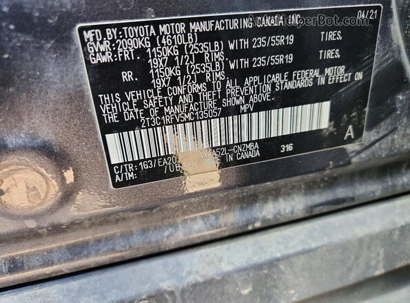 2T3C1RFV5MC135057 2021 TOYOTA RAV4 Gray VIN sticker view