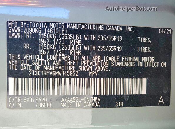 2T3C1RFV6MW145952 2021 TOYOTA RAV4 Серый Вид наклейки с VIN-кодом