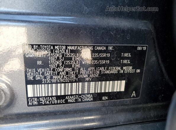 2T3C1RFV7KC021171 2019 TOYOTA RAV4 Gray Սալոնի 360 աստիճան տեսք