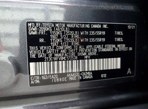 2T3C1RFV8MC172538 2021 TOYOTA RAV4 Серый Вид наклейки с VIN-кодом