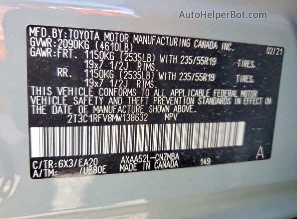2T3C1RFV8MW138632 2021 TOYOTA RAV4 Beige VIN კოდის სტიკერის ხედი