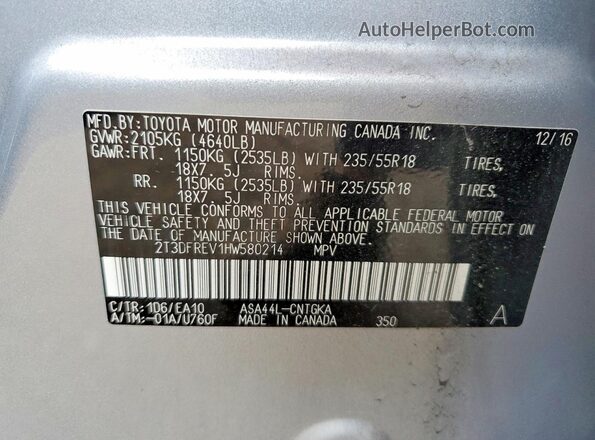 2T3DFREV1HW580214 2017 TOYOTA RAV4 Silver Widok naklejki z numerem VIN