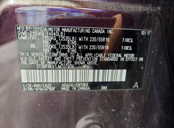 2T3DFREV1JW707906 2018 TOYOTA RAV4 Purple Widok naklejki z numerem VIN