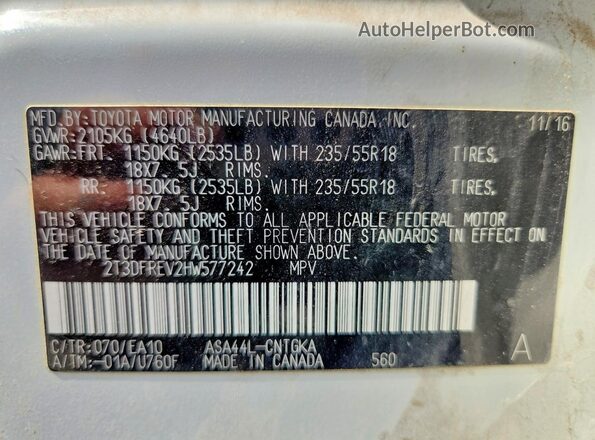 2T3DFREV2HW577242 2017 TOYOTA RAV4 White VIN sticker view