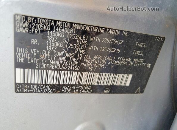 2T3DFREV3JW724450 2018 TOYOTA RAV4 Silver VIN sticker view
