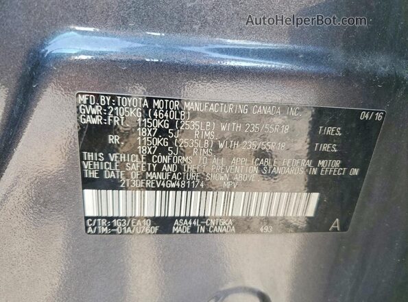 2T3DFREV4GW481174 2016 TOYOTA RAV4 Gray Widok naklejki z numerem VIN