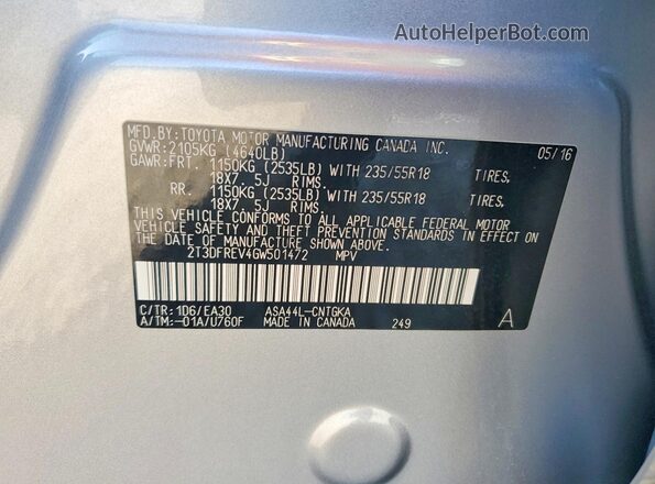 2T3DFREV4GW501472 2016 TOYOTA RAV4 Silver Widok naklejki z numerem VIN