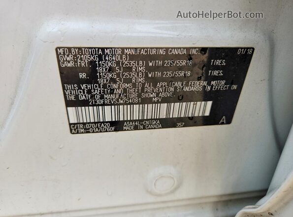 2T3DFREV5JW754081 2018 TOYOTA RAV4 White Widok komory silnika