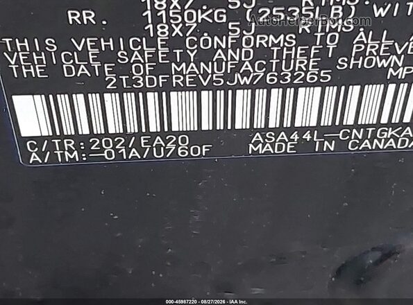 2T3DFREV5JW763265 2018 TOYOTA RAV4 Black Вид підкапотного простору