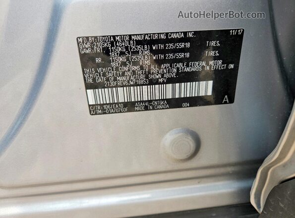 2T3DFREV6JW718853 2018 TOYOTA RAV4 Silver Շարժիչի բաժամունքի տեսք
