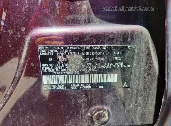 2T3DFREV7HW558606 2017 TOYOTA RAV4 Burgundy VIN კოდის სტიკერის ხედი