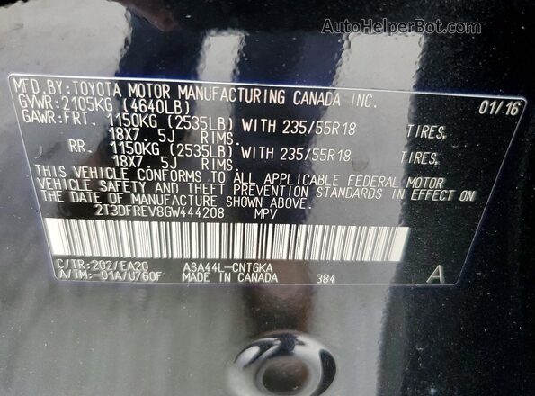 2T3DFREV8GW444208 2016 TOYOTA RAV4 Black VIN կոդի պիտակի տեսք