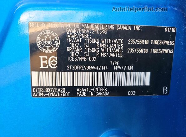 2T3DFREV9GW442144 2016 TOYOTA RAV4 Blue VIN կոդի պիտակի տեսք