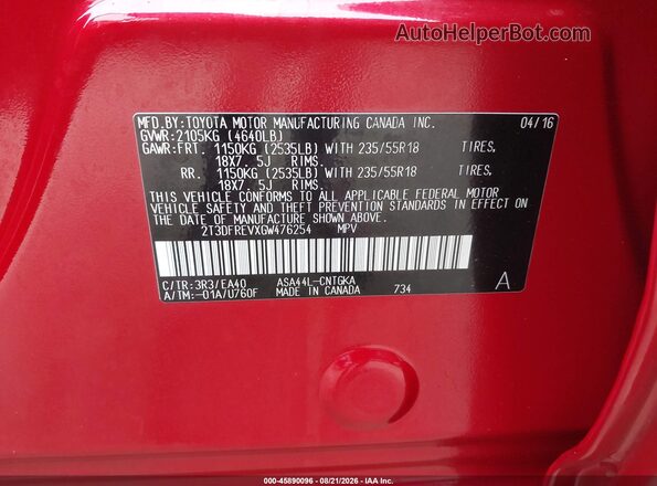2T3DFREVXGW476254 2016 TOYOTA RAV4 Red Engine compartment view