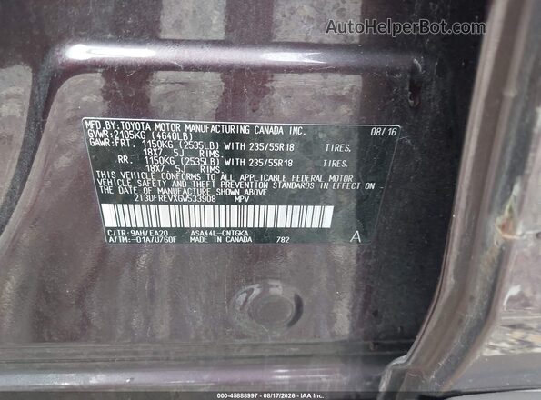2T3DFREVXGW533908 2016 TOYOTA RAV4 Burgundy Vista del compartimento del motor
