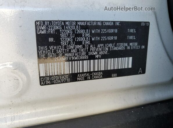 2T3DWRFV1KW038889 2019 TOYOTA RAV4 White 