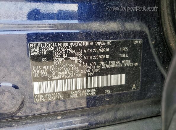 2T3DWRFV1KW041100 2019 TOYOTA RAV4 Blue VIN კოდის სტიკერის ხედი