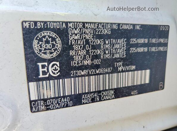 2T3DWRFV2LW069487 2020 TOYOTA RAV4 White VIN კოდის სტიკერის ხედი