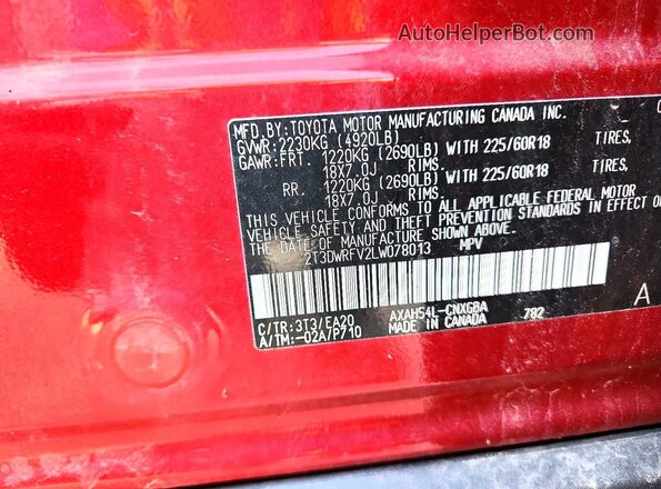 2T3DWRFV2LW078013 2020 TOYOTA RAV4 Burgundy Vista interior de 360 grados