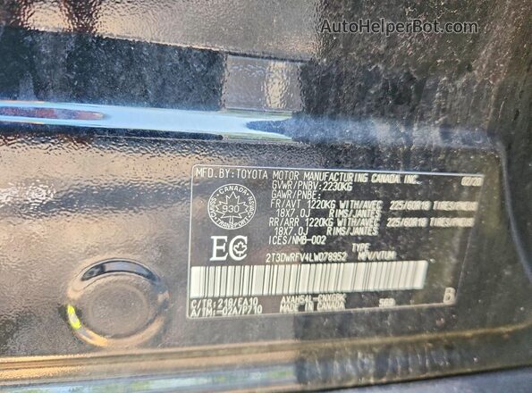 2T3DWRFV4LW078952 2020 TOYOTA RAV4 Black VIN კოდის სტიკერის ხედი