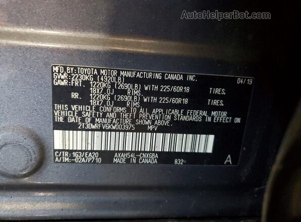 2T3DWRFV6KW003975 2019 TOYOTA RAV4 Charcoal Widok wnętrza 360 stopni