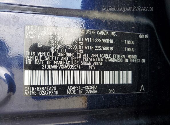 2T3DWRFVXKW035974 2019 TOYOTA RAV4 Синий Вид наклейки с VIN-кодом