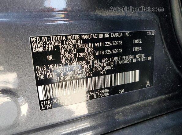 2T3E6RFV1MW009402 2021 TOYOTA RAV4 Gray 360 interior view