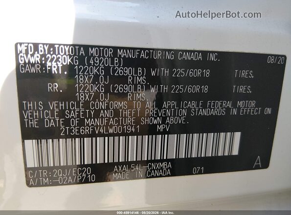 2T3E6RFV4LW001941 2020 TOYOTA RAV4 HYBRID White Engine compartment view