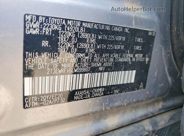 2T3EWRFV6LW099807 2020 TOYOTA RAV4 Серебряный Вид наклейки с VIN-кодом
