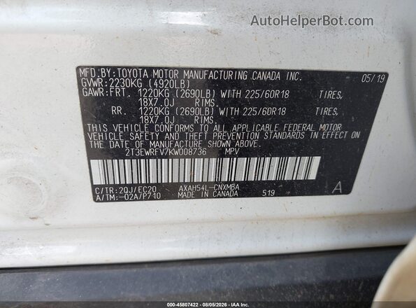 2T3EWRFV7KW008736 2019 TOYOTA RAV4 HYBRID White Engine compartment view
