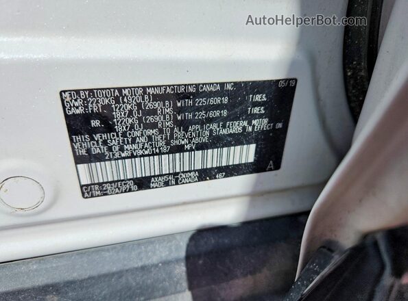2T3EWRFV8KW014187 2019 TOYOTA RAV4 White VIN კოდის სტიკერის ხედი