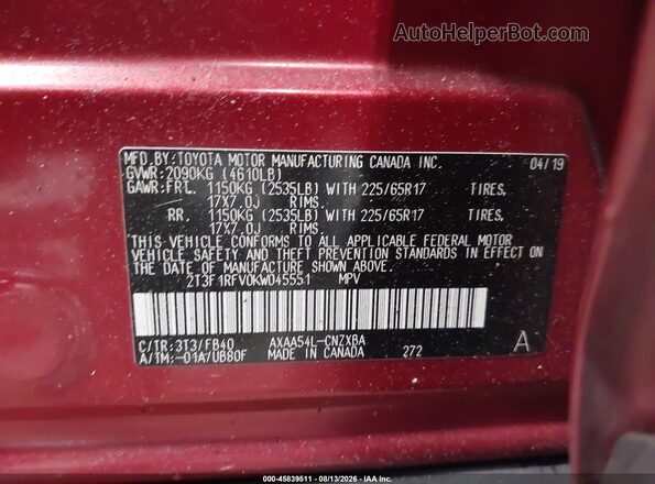 2T3F1RFV0KW045551 2019 TOYOTA RAV4 Maroon Вид підкапотного простору