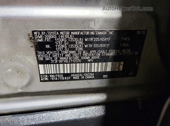2T3F1RFV0LC112376 2020 TOYOTA RAV4 Silver VIN sticker view