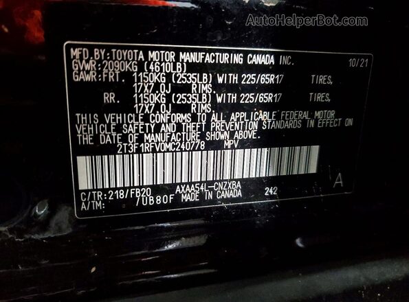 2T3F1RFV0MC240778 2021 TOYOTA RAV4 Черный Вид наклейки с VIN-кодом