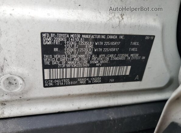 2T3F1RFV3KC051409 2019 TOYOTA RAV4 White VIN կոդի պիտակի տեսք