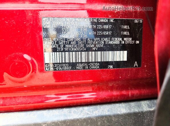 2T3F1RFV3KW065454 2019 TOYOTA RAV4 Red VIN կոդի պիտակի տեսք