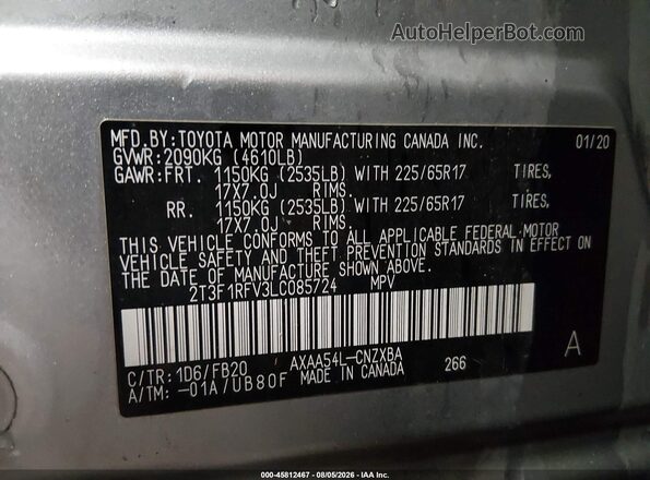 2T3F1RFV3LC085724 2020 TOYOTA RAV4 Серебряный Вид подкапотного пространства