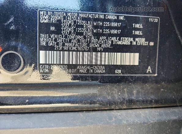 2T3F1RFV3MC165767 2021 TOYOTA RAV4 Черный Вид наклейки с VIN-кодом