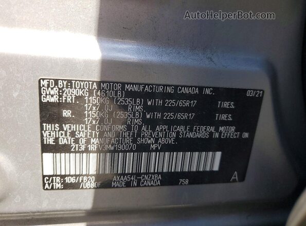 2T3F1RFV3MW190070 2021 TOYOTA RAV4 Silver Панорамний вид салону 360°