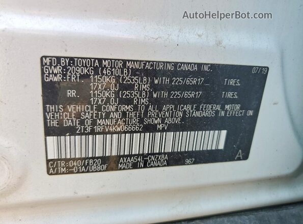 2T3F1RFV4KW066662 2019 TOYOTA RAV4 White VIN կոդի պիտակի տեսք