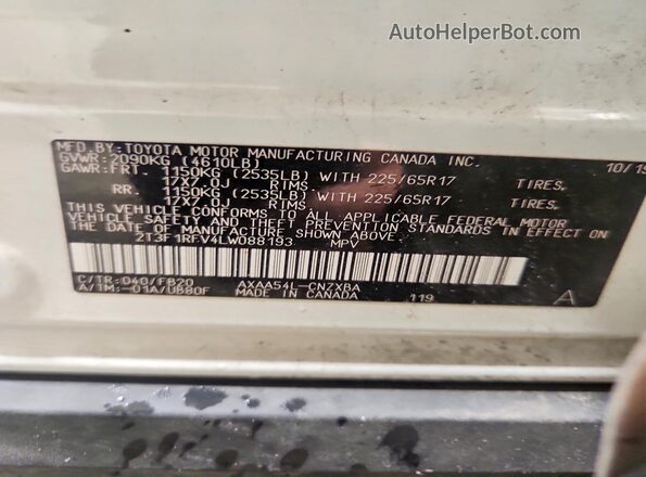 2T3F1RFV4LW088193 2020 TOYOTA RAV4 White Widok naklejki z numerem VIN