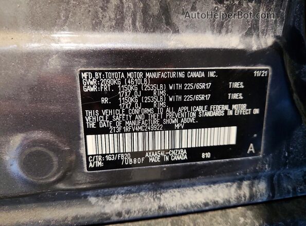 2T3F1RFV4MC249922 2021 TOYOTA RAV4 Gray სალონის 360-გრადუსიანი ხედი