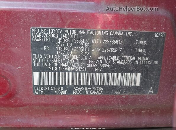 2T3F1RFV4MW151794 2021 TOYOTA RAV4 Red ძრავის განყოფილების ხედი