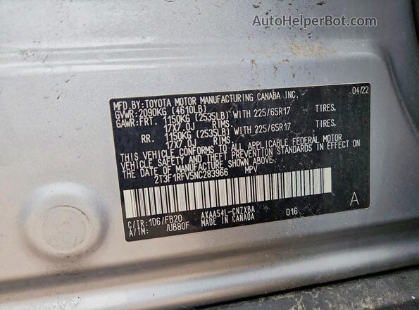 2T3F1RFV5NC283966 2022 TOYOTA RAV4 Серебряный Панорамный вид салона 360°