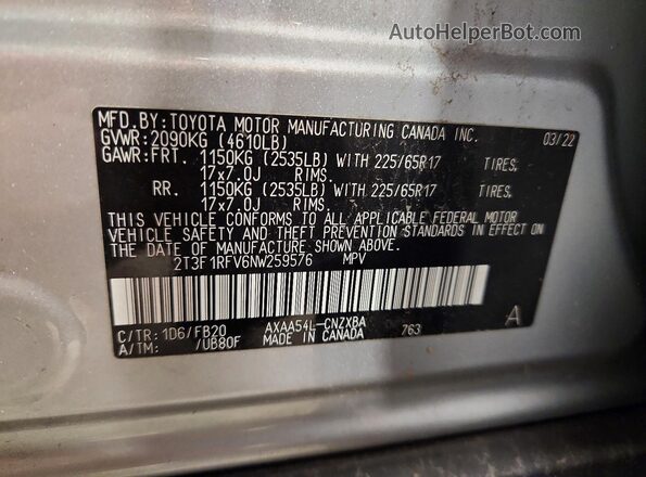 2T3F1RFV6NW259576 2022 TOYOTA RAV4 Silver სალონის 360-გრადუსიანი ხედი