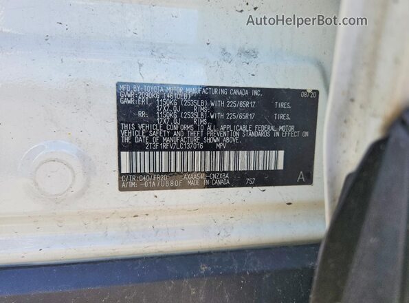 2T3F1RFV7LC137016 2020 TOYOTA RAV4 White VIN կոդի պիտակի տեսք