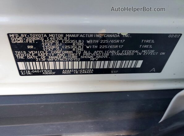 2T3F1RFV7NC270152 2022 TOYOTA RAV4 White Вид наклейки з VIN-кодом