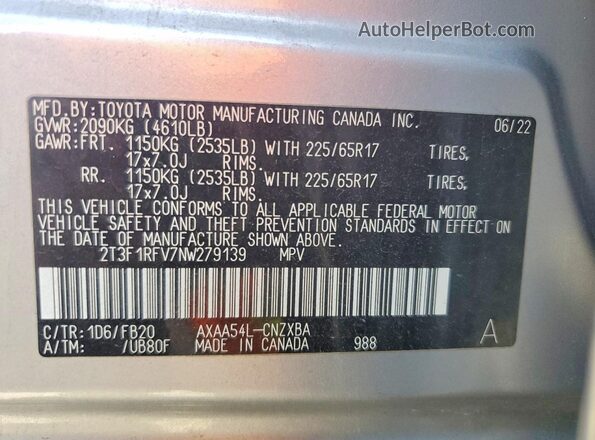 2T3F1RFV7NW279139 2022 TOYOTA RAV4 Silver Widok naklejki z numerem VIN