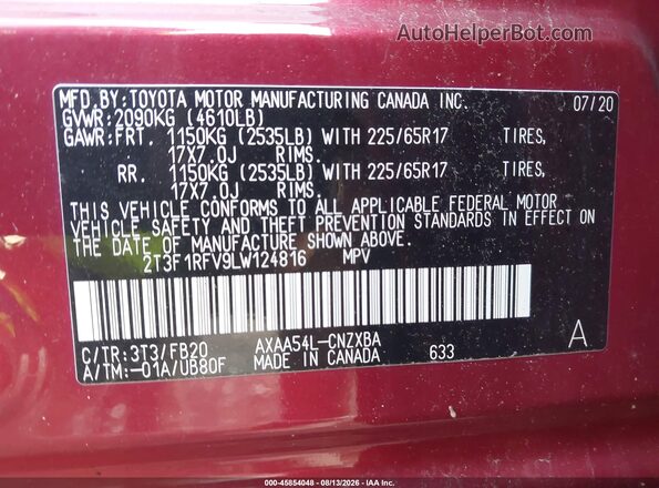 2T3F1RFV9LW124816 2020 TOYOTA RAV4 Red Vista del compartimento del motor