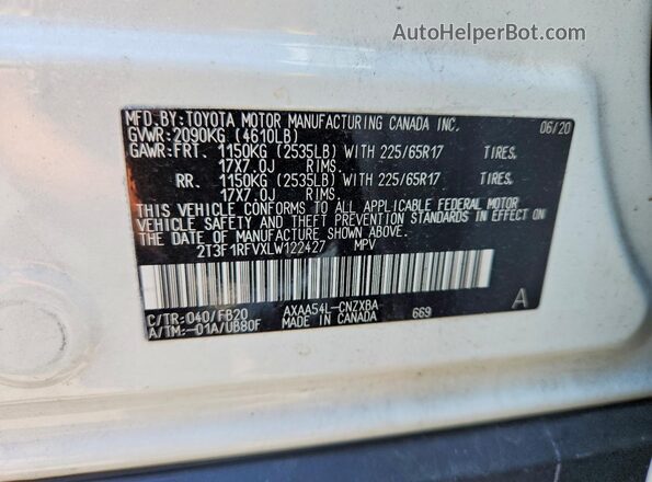 2T3F1RFVXLW122427 2020 TOYOTA RAV4 White VIN sticker view
